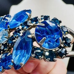 Vintage Blue Navette Rhinestone Hinged Bangle Bracelet SilverTone Statement Glam