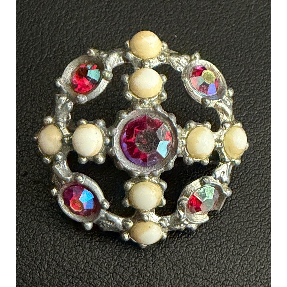 Vintage Pot Metal Brooch AJC Rhinestone Silver Tone Aurora Borealis Faux Pearl