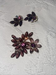 Purple Lavender Prong &cup Set Navette Rhinestone Brooch&ears 3”x3” & 1”x1.25”