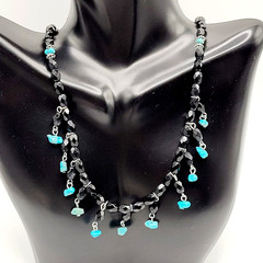 Southwestern Style Black Glass Faux Turquoise Beaded Fringe Vintage Necklace