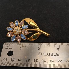 1960s Style Floral Pastel Blue & Pink Rhinestone Flower Brooch