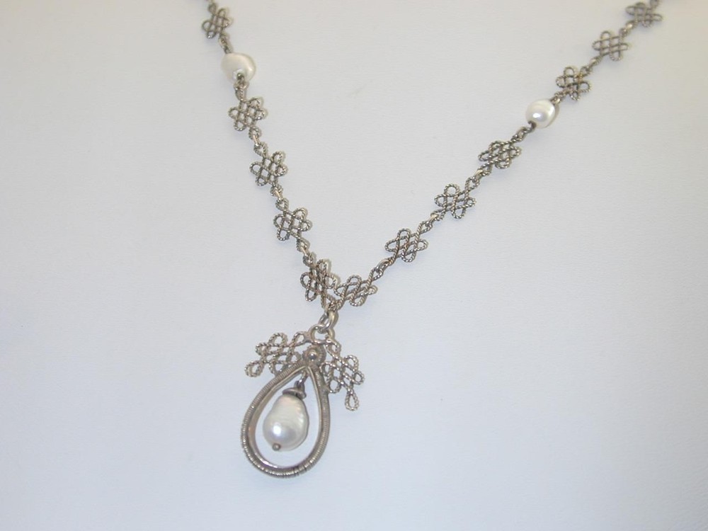 Delicate Sterling Celtic Knot Rope Link FW Pearl Lavalier Necklace 17 1/8
