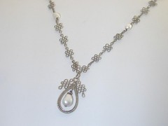 Delicate Sterling Celtic Knot Rope Link FW Pearl Lavalier Necklace 17 1/8