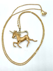 VTG Textured Gold-tone Unicorn Pendant necklace 24″ Fantasy Mythical