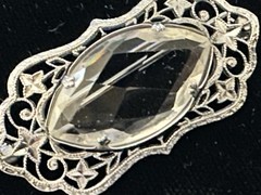 Antique Rhodium Plated Filigree Silver Tone Art Deco Clear Stone Pin Brooch
