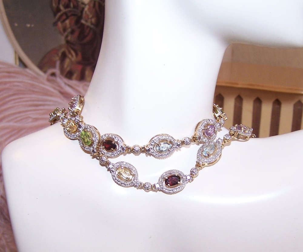 ROSS SIMONS Vintage 18″ Sterling Silver 10CT TW Gemstone Station Necklace