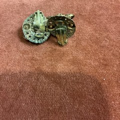 Vtg W. Germany Fire Opal art glass & Rhinestone goldtone Filigree Clip Ons