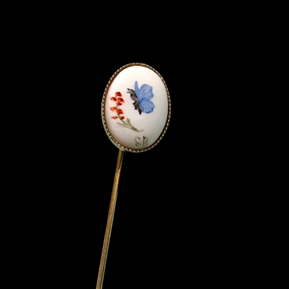 Vintage Gold Tone Hand Painted Flower Butterfly Stick Pin Garden Spring Floral