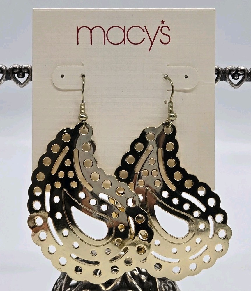 Macy’s Earrings Filigree Chandelier 80’s style gold tone Vintage 2.25 in
