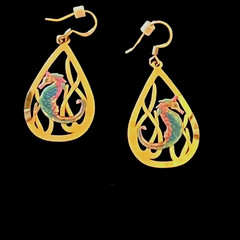 Seahorse Pierced Dangle Earrings Goldtone w/Painted Seahorse Design 14K Wires