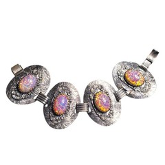 Vintage Sterling Silver Faux Fire Opal Panel Bracelet Ornate Floral Engraved