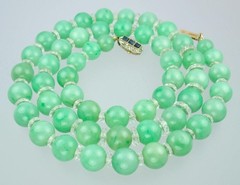 Antique Art Deco Gold Sapphire Green Jadeite Jade Rock Crystal Bead Necklace GIA
