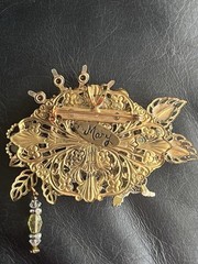 Vintage Assemblage Brooch Pendant Turtle Rhinestone Filigree Flower Dangle Pin