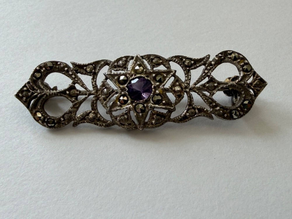 Vintage Sterling Silver 925 Amethyst & Marcasite Bar Brooch **See Notes**