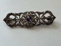 Vintage Sterling Silver 925 Amethyst & Marcasite Bar Brooch **See Notes**