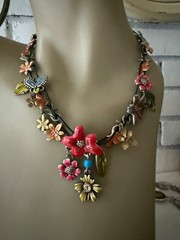 ESTATE LEATHER CORD MULTI COLOR ENAMEL FLOWERS CHARM NECKLACE SILVER TONE SIGNED