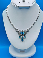 ORA Necklace Vintage 1940’s Blue Rhinestones Silver Tone Collar Length Signed