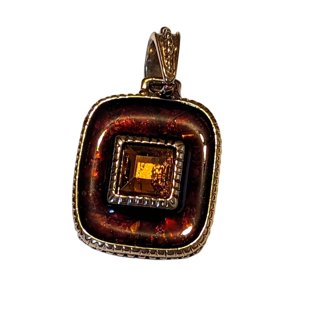 Vintage Liz Claiborne Rectangle Amber Rhinestone Silver Tone Necklace Pendant