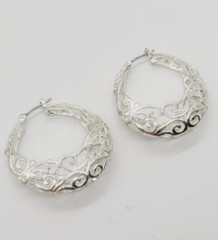 Filigree Hoop Earring Silver Tone Pierced 1.25 in Elegant