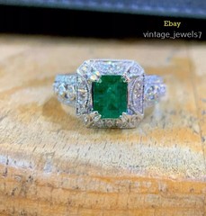 2CT Emerald Cut Real Emerald Art Deco Vintage Halo Wedding Ring 14K Gold Over