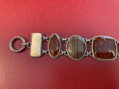 Vintage Amber, Ivory, Brown Cabochon Bracelet Sterling Silver