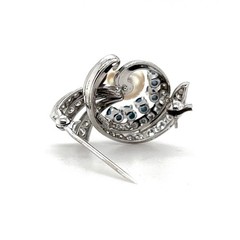 Mid Century Pearl Sapphire Diamond 14k White Gold Brooch 1950s