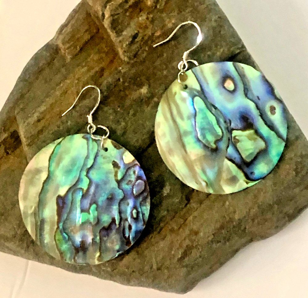 VTG Paua Abalone Shell Round DISK EARRINGS 2.25″ Peacock Blue Green 925 HOOKS