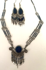 Vintage Peruvian Alpaca Metal Necklace & Pierced Earring Set Dangles Blue Stone