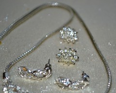 Vintage Signed Roman Necklace & Earrings – Silver Tone Diamond Look – Beautiful!