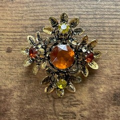 Vintage Austrian Rhinestone Brooch Autumn Orange Yellow Gold Tone Floral Pin