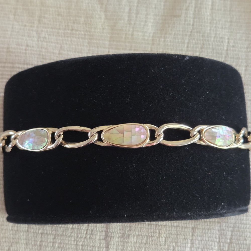 Vintage Women’s Abalone Shell Chain Link Bracelet Silver Tone 7″
