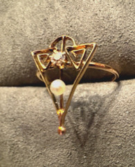 Victorian 14K Gold Triangular Framed Antique Cut Diamond and Seed Pearl Ring