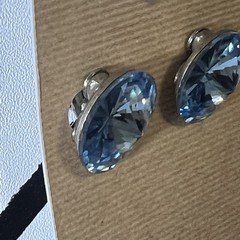 Vtg Weiss sky Blue Rivoli Rhinestone Silver-tone Earrings Clip On Round Bling!