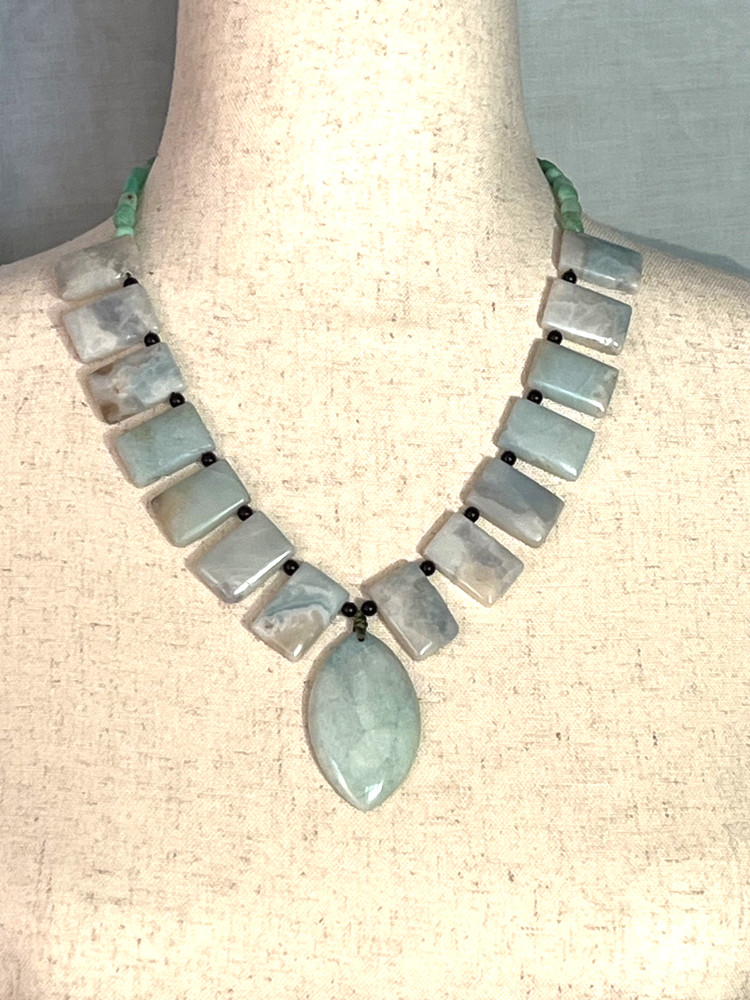 Celebration of Natural Aquamarine, Corded Necklace, Black Jade Spacer Beads