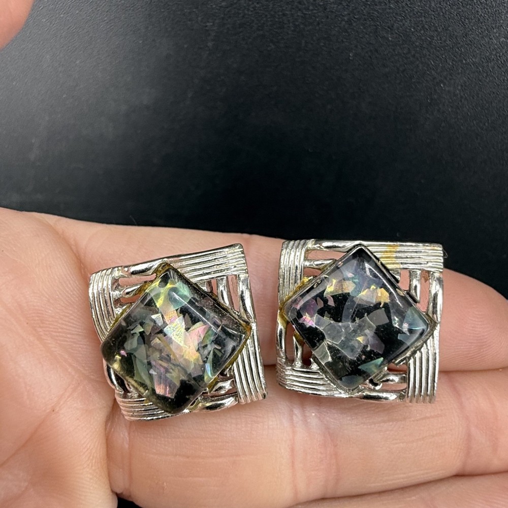 Vintage Coro Confetti Lucite Thermoset Clip On Earrings Silver Tone Signed