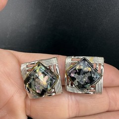 Vintage Coro Confetti Lucite Thermoset Clip On Earrings Silver Tone Signed