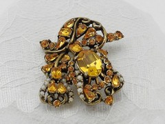 1953 HOLLYCRAFT Rhinestone Floral Brooch Faux Golden Topaz & Pearls Signed Dated