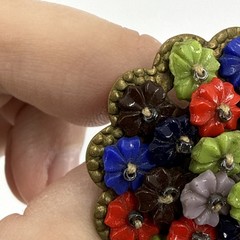 Vtg 1940s Miriam Haskell Brooch Wired Lucite Flower Filagree Pin 1.5″ Colorful
