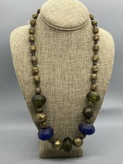 Vintage Blue Green Tumbled Glass Brass Beaded Necklace 24”