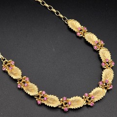Vintage Gold Tone Pink Rhinestone Leaf Berry Collar Necklace Adjustable 15 Inch