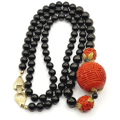 Asian Chinese Inspired Red Carved Cinnabar Black Onyx Bead Beaded Necklace 33 In