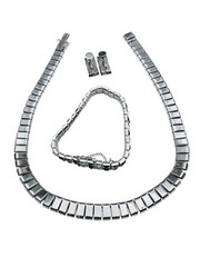 Vtg Art Deco Rhinestone Rhodium Plated Necklace Bracelet Earrings Set