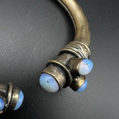 Vintage Brass Open Bangle Cuff Bracelet Blue Opalite Cabochons Boho Tribal