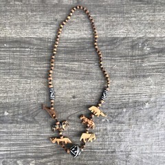 Vintage African Tribal Chunky Beaded Wood Hand Carved Safari Animal Necklace