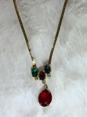 Vintage Gold Tone Red Green Blue Glass Pendant Necklace Rhinestone Accent 18”