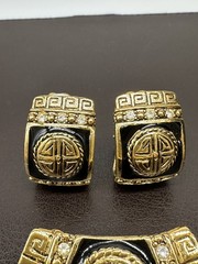 Vintage LR Lady Remington GoldTone Black Enamel Rhinestone Earrings Pendant Set