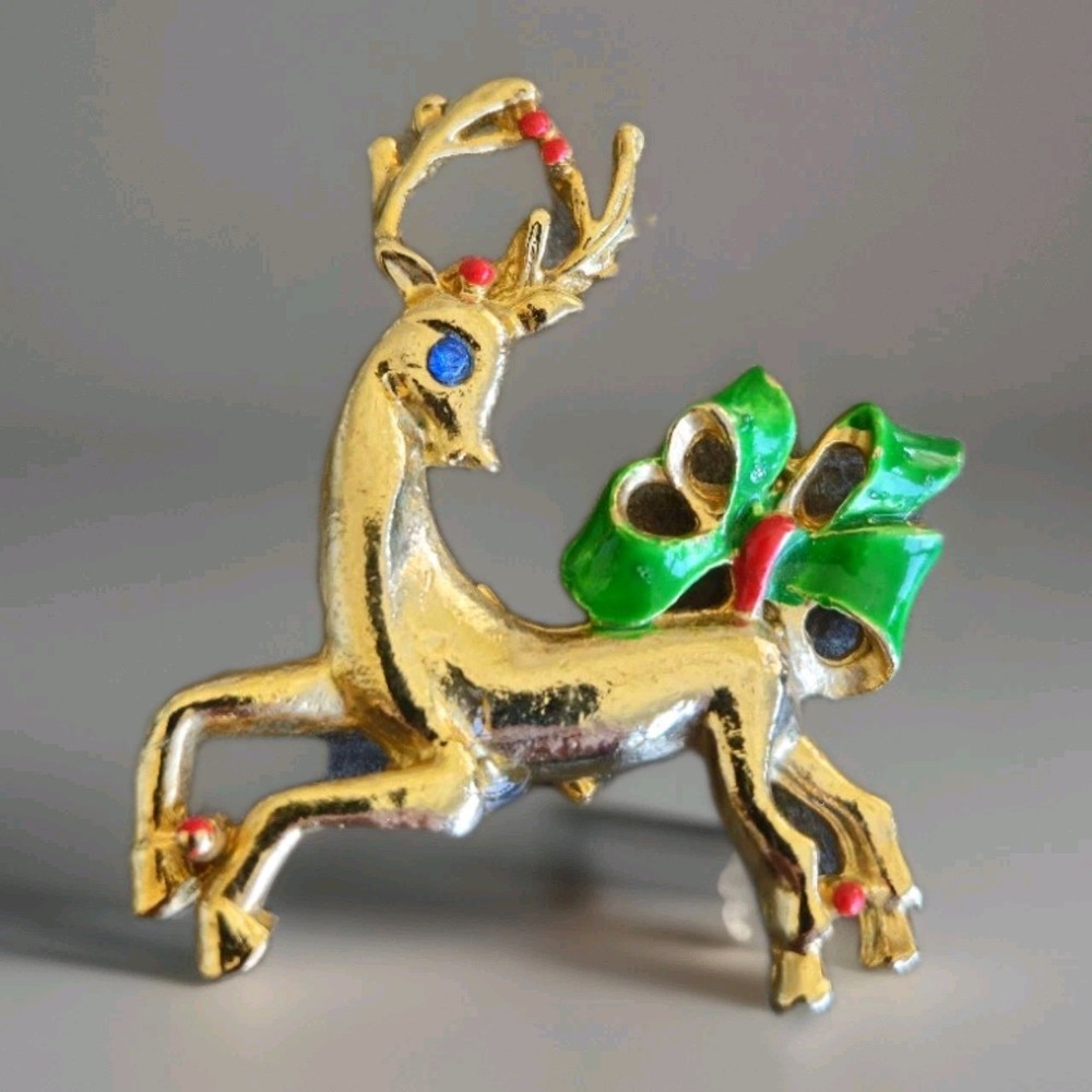 Vintage Reindeer Pin Gold-Tone Christmas Holiday Enameled Brooch MCM