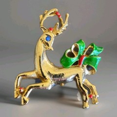 Vintage Reindeer Pin Gold-Tone Christmas Holiday Enameled Brooch MCM