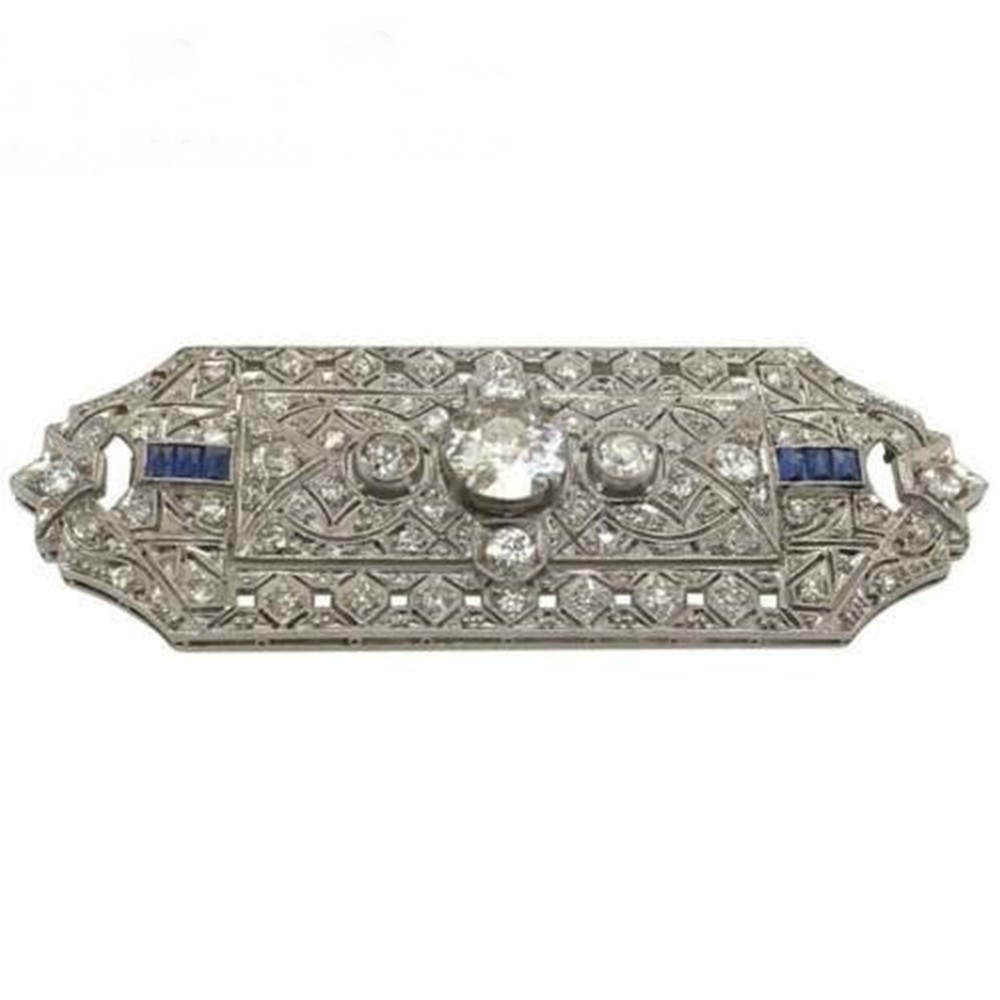 Edwardian Old Cut Art Deco White & Blue Sapphire CZ Stone 925 Silver Brooch