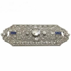 Edwardian Old Cut Art Deco White & Blue Sapphire CZ Stone 925 Silver Brooch